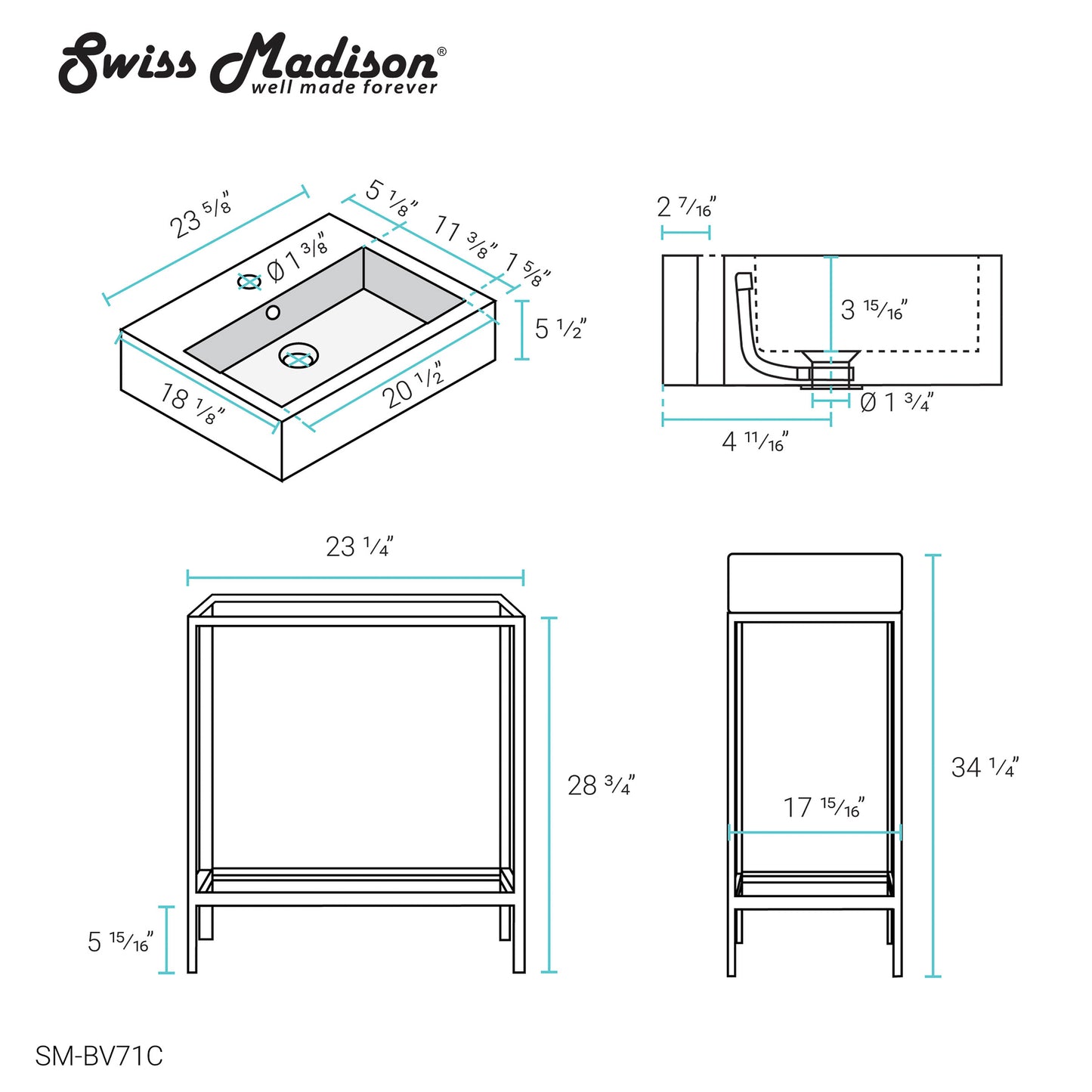 Swiss Madison, Pierre 24 Single, Freestanding, Open Shelf, Chrome Metal Frame Bathroom Vanity