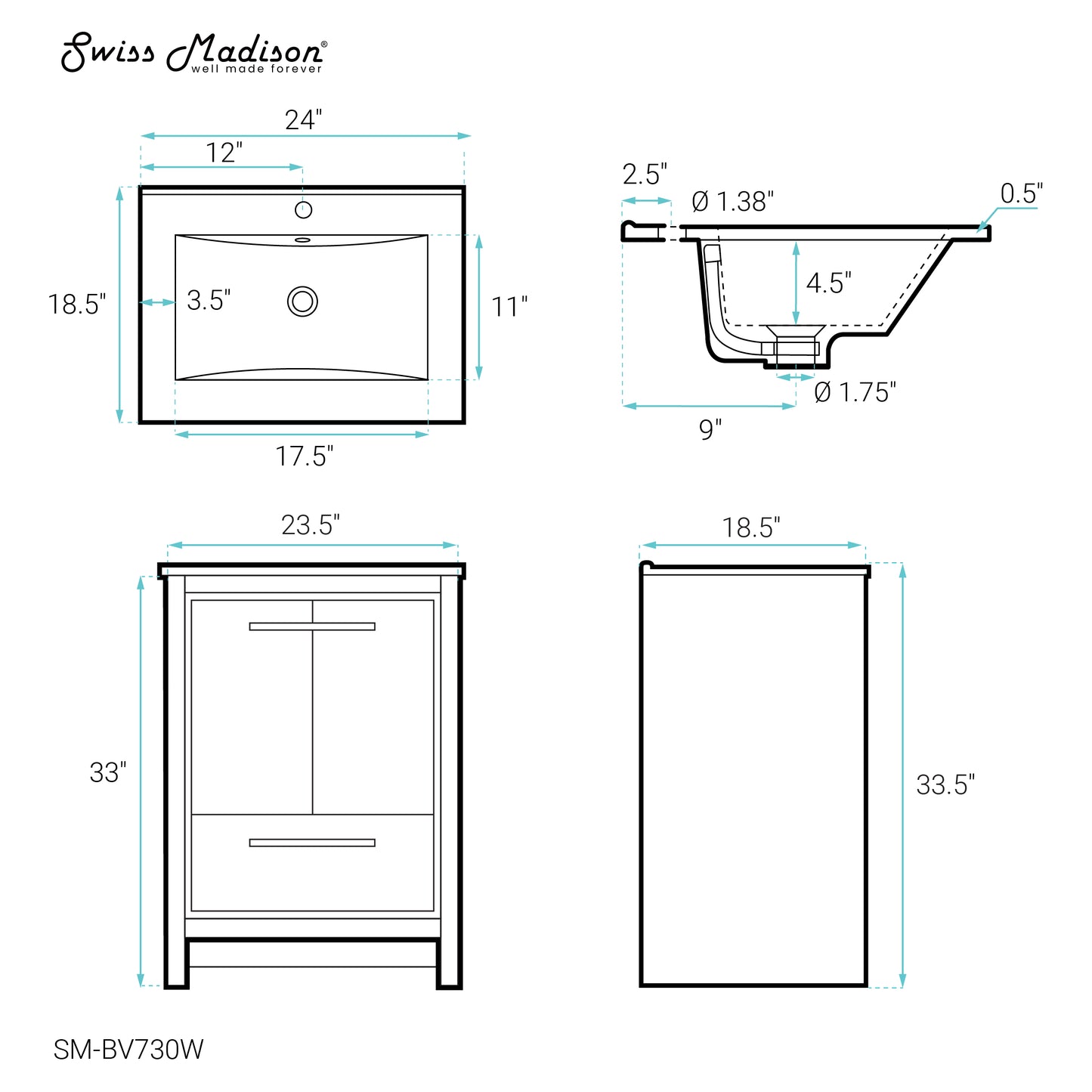 Swiss Madison, Virage 24" Freestanding Bathroom Vanity in White with Sink Top