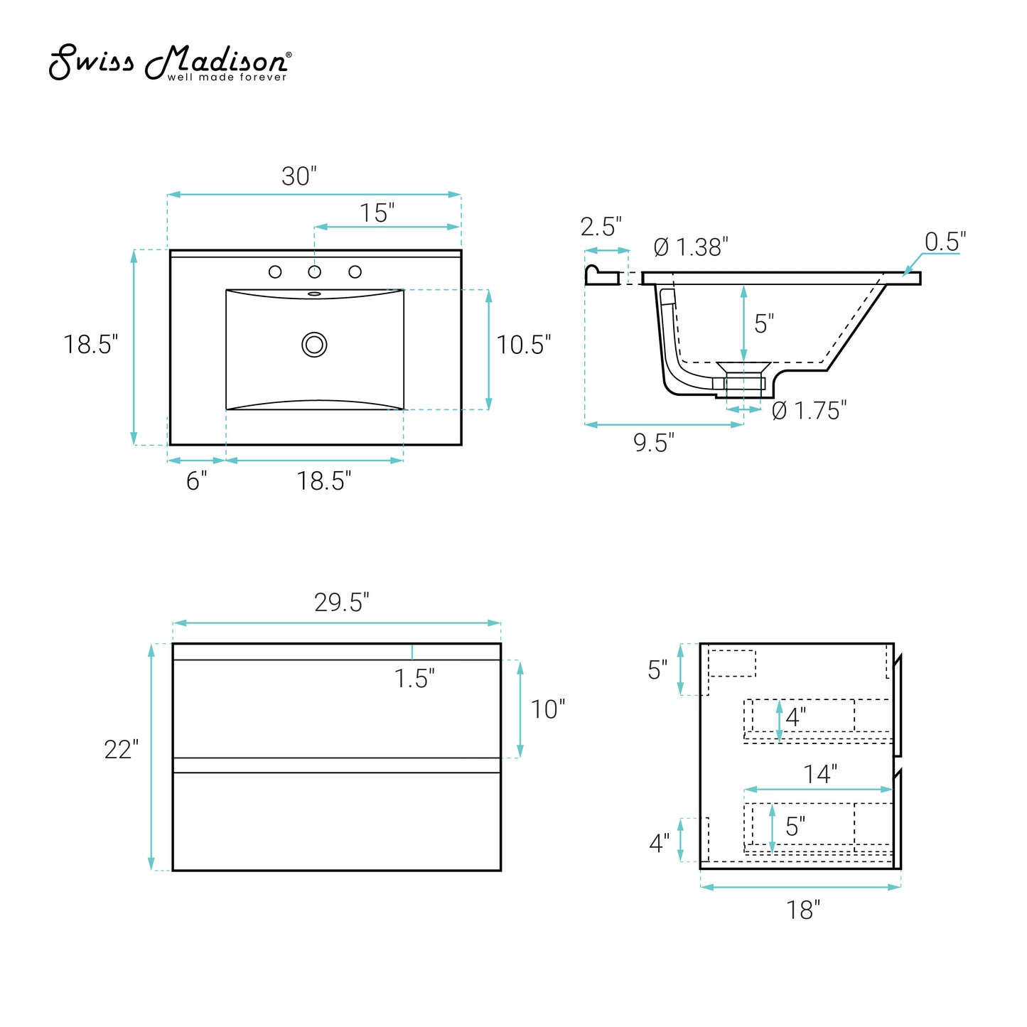 Swiss Madison, Liberte 30" Wall-Mounted Bathroom Vanity in White Oak with Black 3-Hole Widespread Sink Top