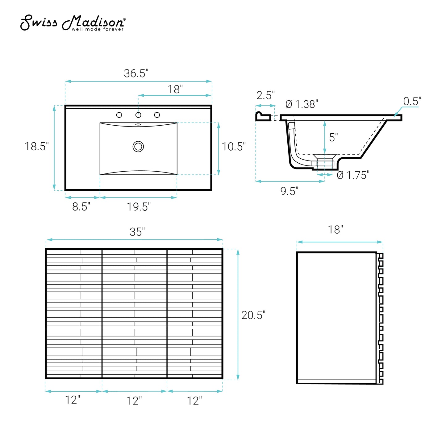 Swiss Madison, Cascade 36" Wall-Mounted Bathroom Vanity in Natural Oak with 3-Hole Widespread Sink Top