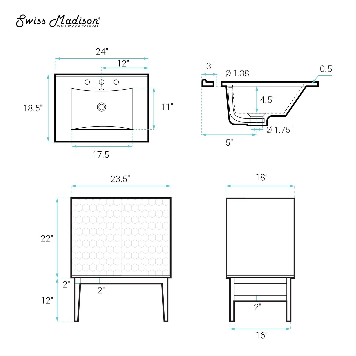 Swiss Madison, Bosse 24" Freestanding Bathroom Vanity in Black Oak with Black 3-Hole Centerset Sink Top