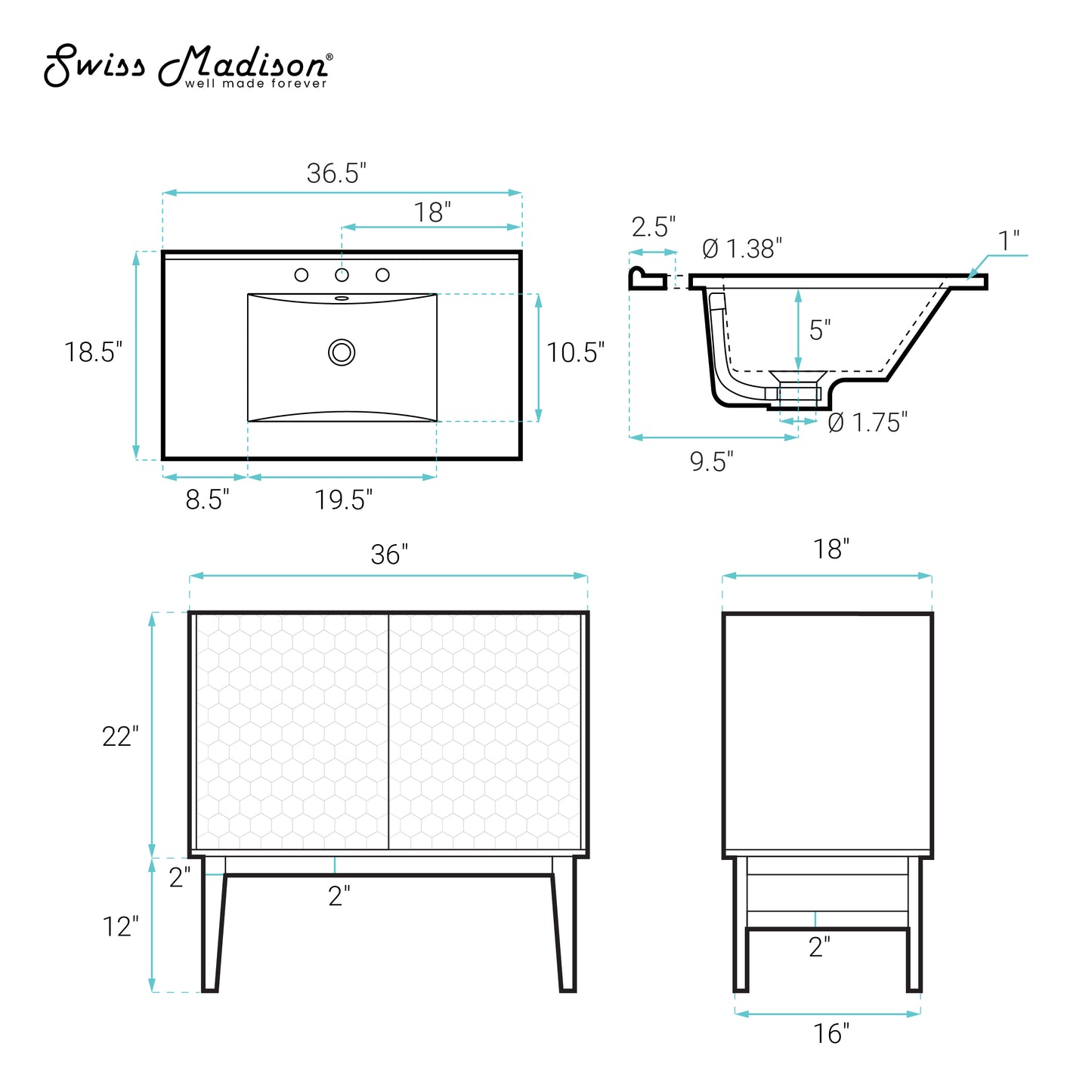 Swiss Madison, Bosse 36" Freestanding Bathroom Vanity in Brown Oak with Black 3-Hole Widespread Sink Top