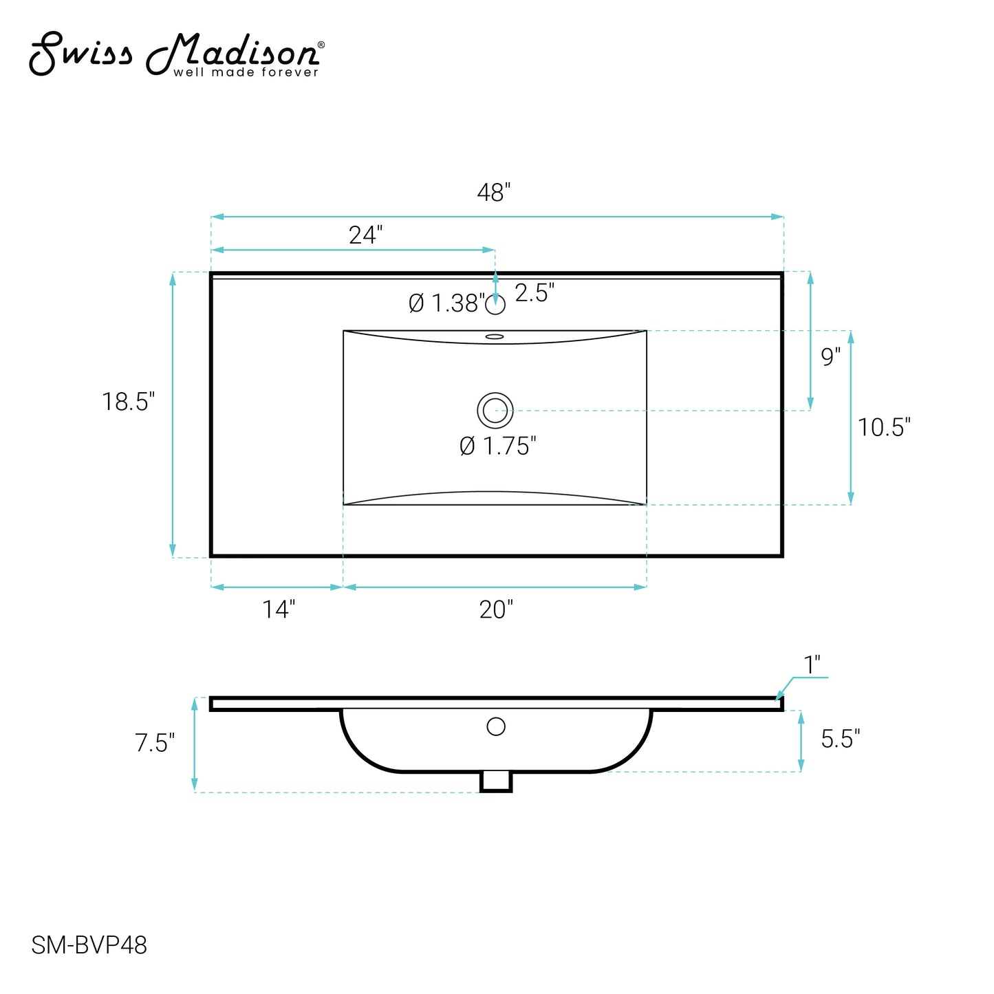 Swiss Madison, 48" Vanity Sink Top in Glossy White
