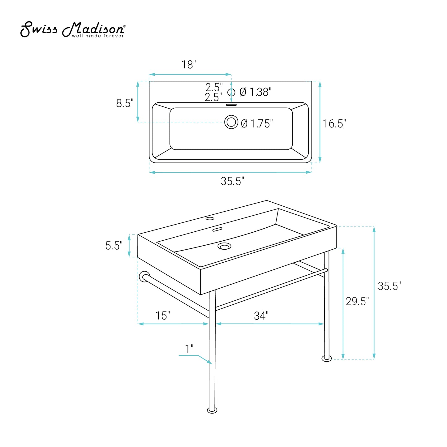 Swiss Madison, Carre 36 Ceramic Console Sink White Basin Chrome Legs