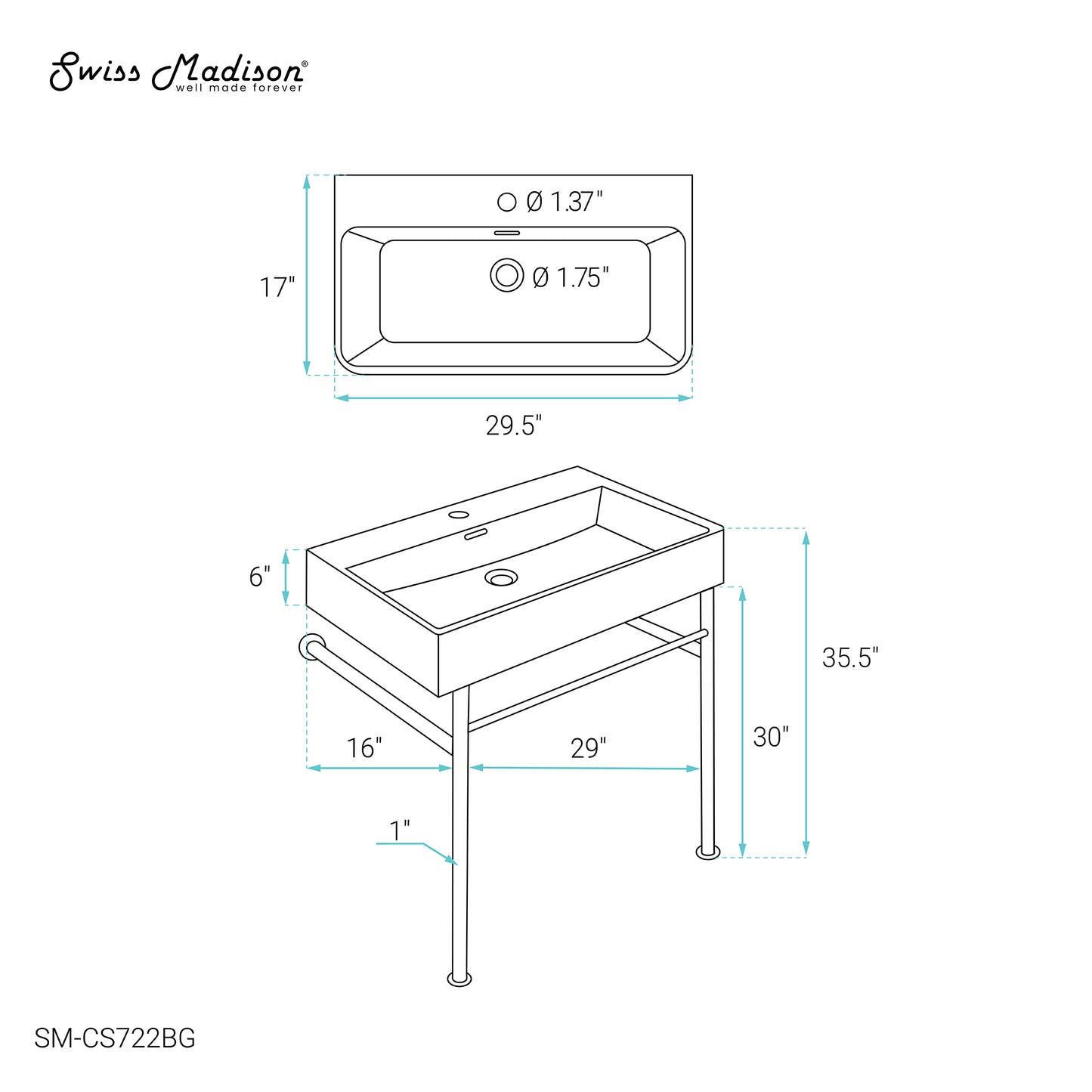 Swiss Madison, Claire 30 Ceramic Console Sink White Basin Brushed Gold Legs