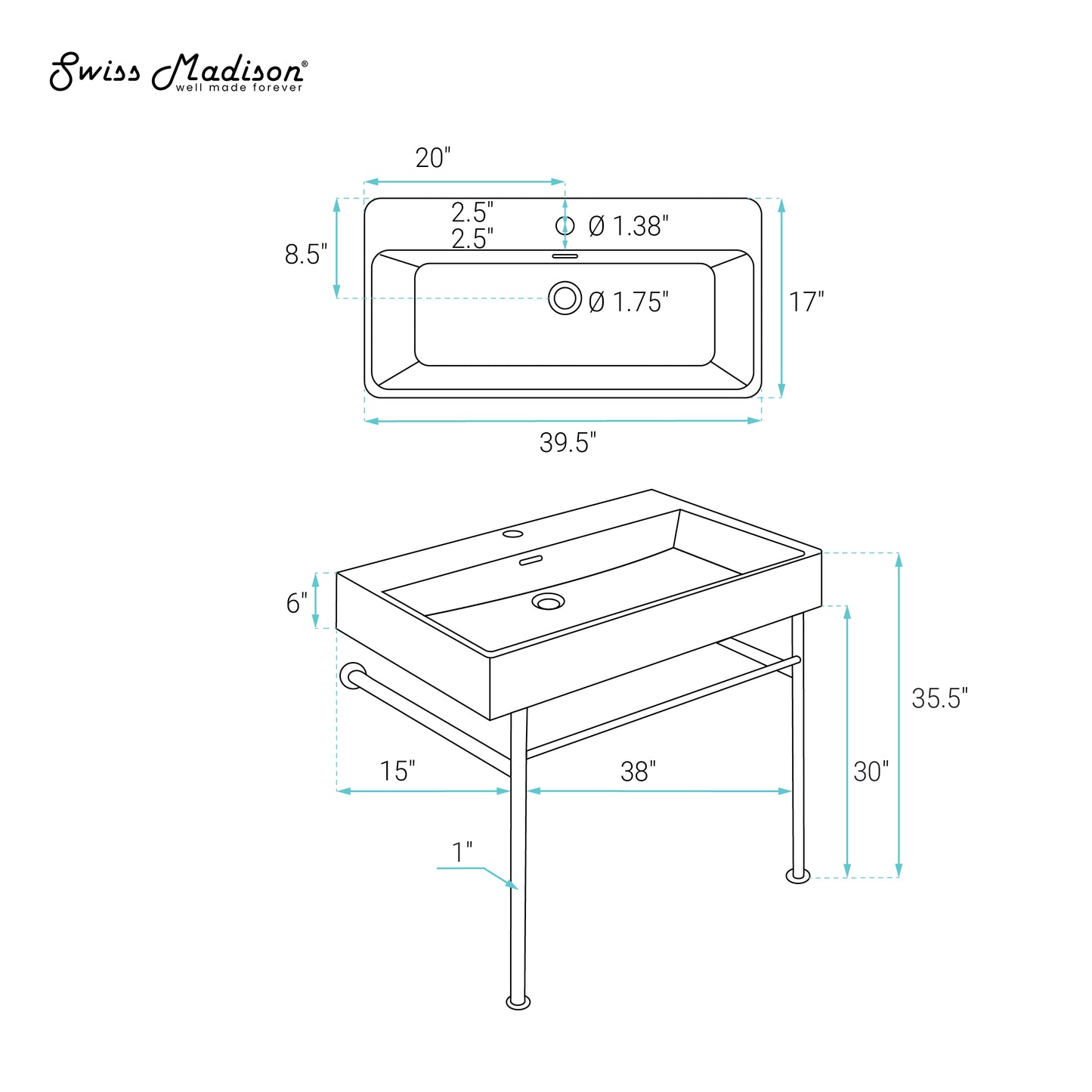 Swiss Madison, Claire 40 Ceramic Console Sink Matte Black Basin Chrome Legs