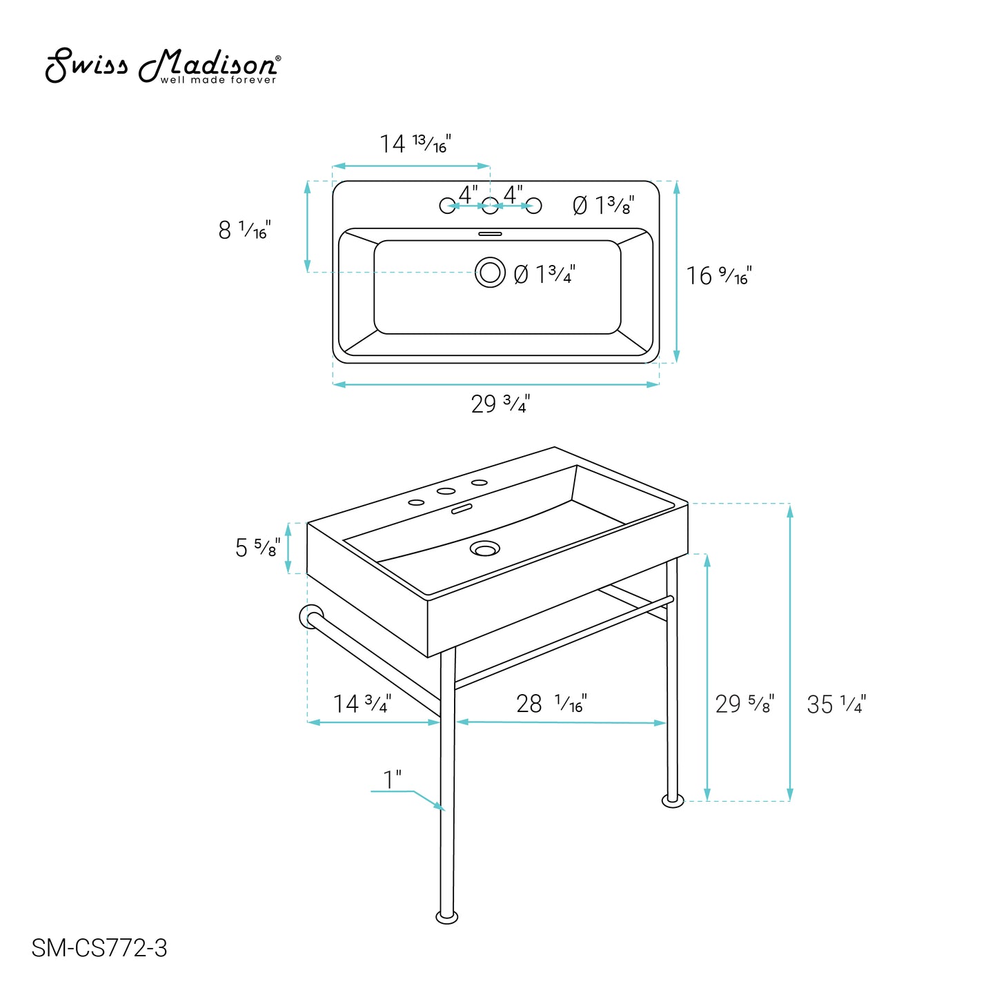 Swiss Madison, Claire 30" Console Sink White Basin Black Legs with 8" Widespread Holes