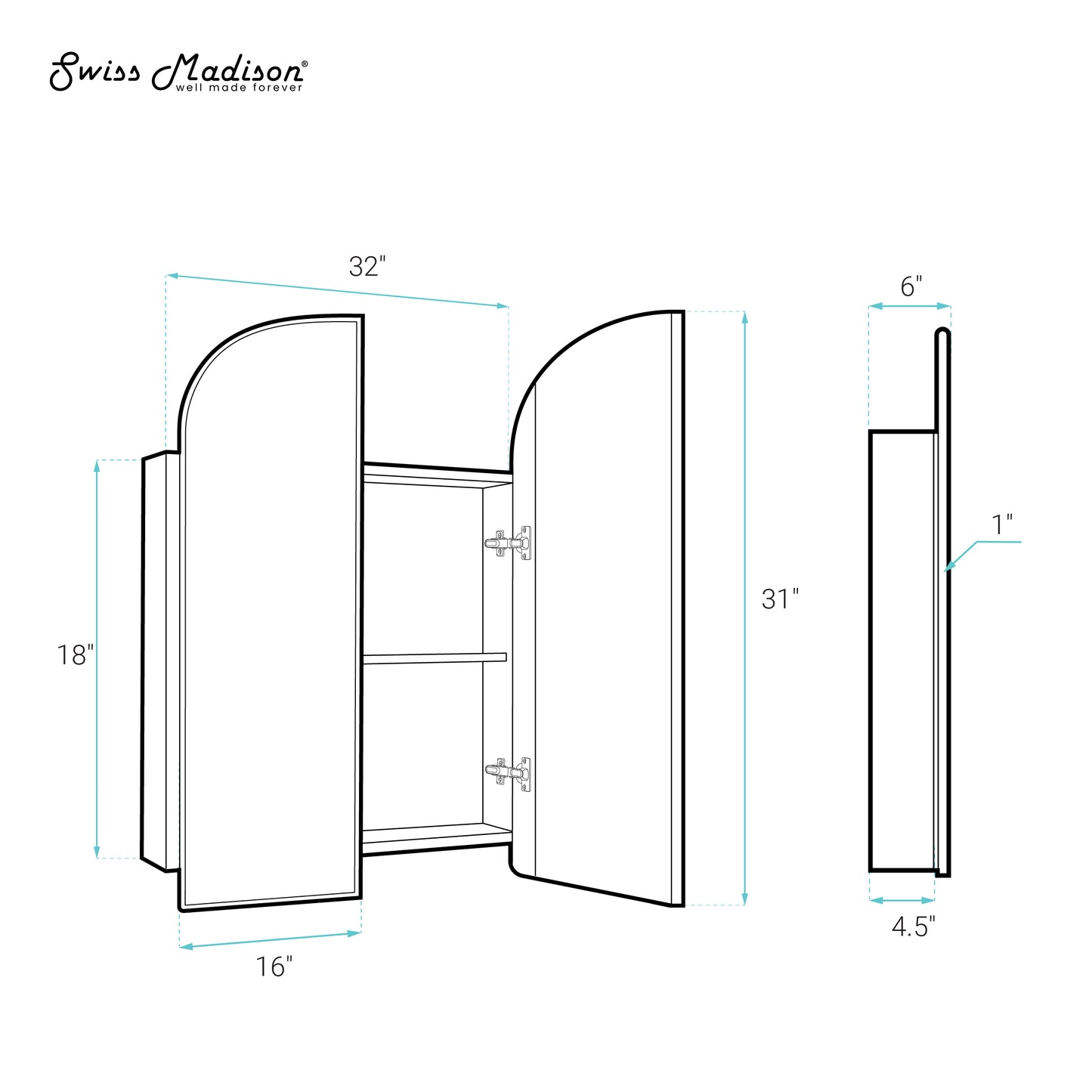 Swiss Madison, Porte 32 x 31 Arched Recessed/Wall Mount Medicine Cabinet with Mirror in Black