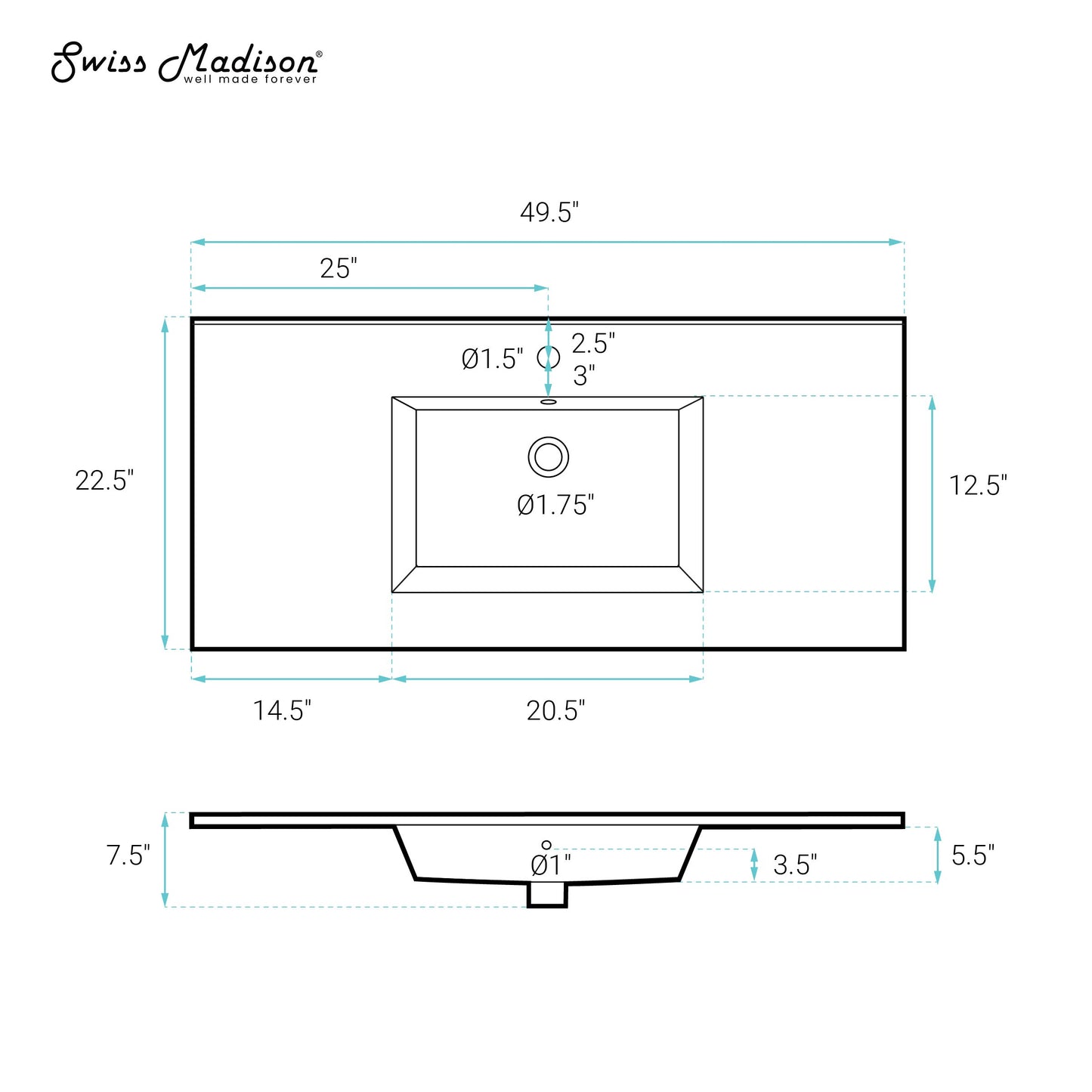 Swiss Madison, Voltaire 49 Vanity Top Sink with Single Faucet Hole