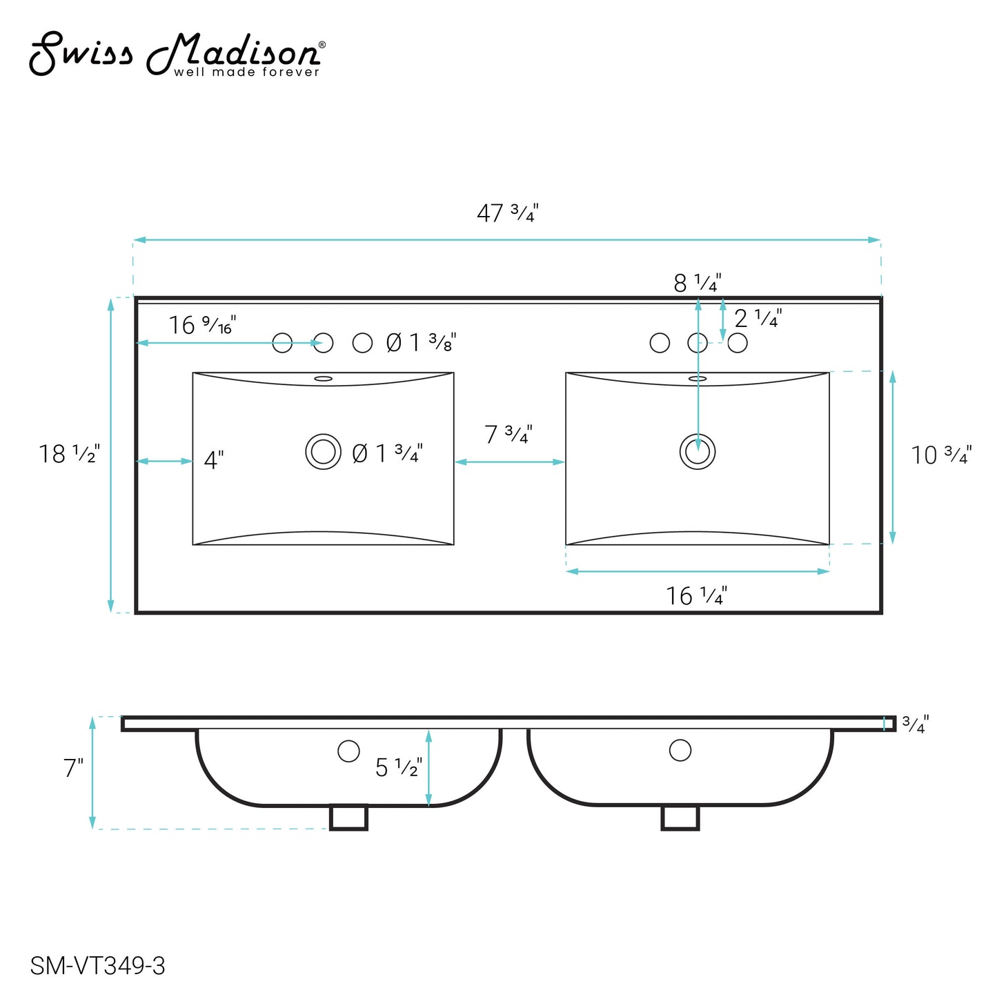 Swiss Madison, 48" 3-Hole Widespread Double Basin Vanity Sink Top in Glossy White
