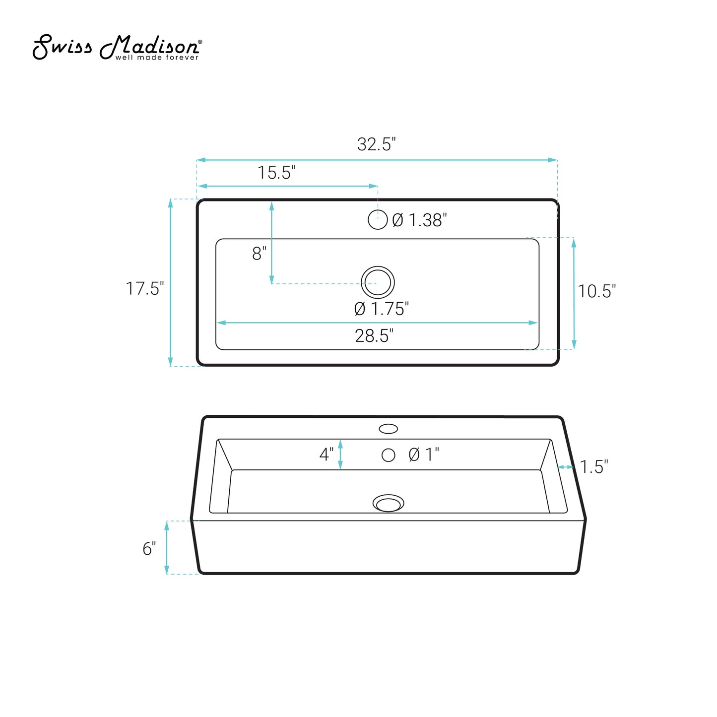 Swiss Madison, Voltaire Wide Rectangle Wall-Mount Sink in Shiny White