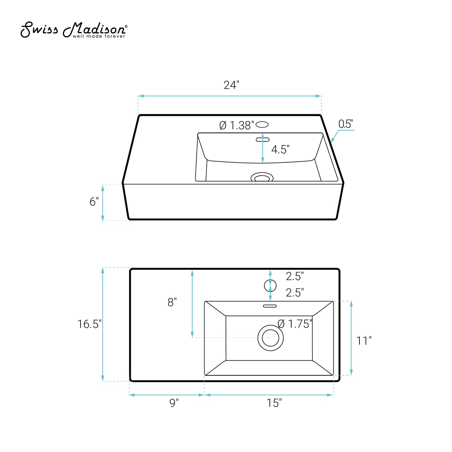 Swiss Madison, St. Tropez 24" Rectangle Wall-Mounted Sink with Right Side Faucet Mount