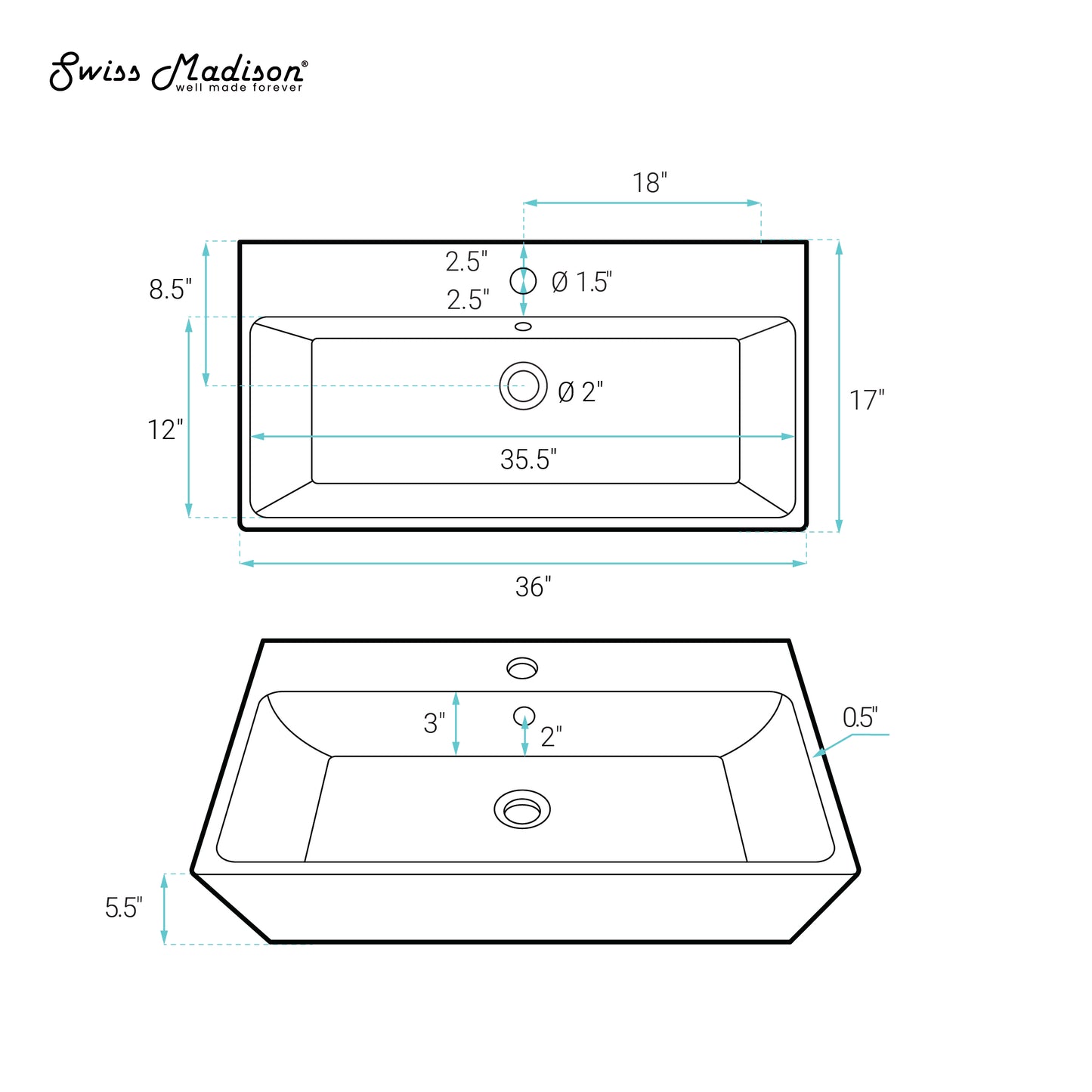 Swiss Madison, Carre 36" Rectangle Wall-Mount Bathroom Sink in Matte Black