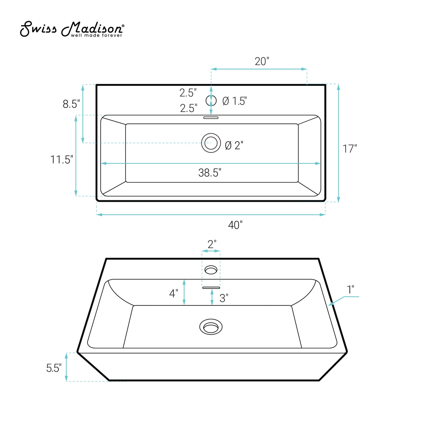 Swiss Madison, Claire 40" Rectangle Wall-Mount Bathroom Sink in Matte Black
