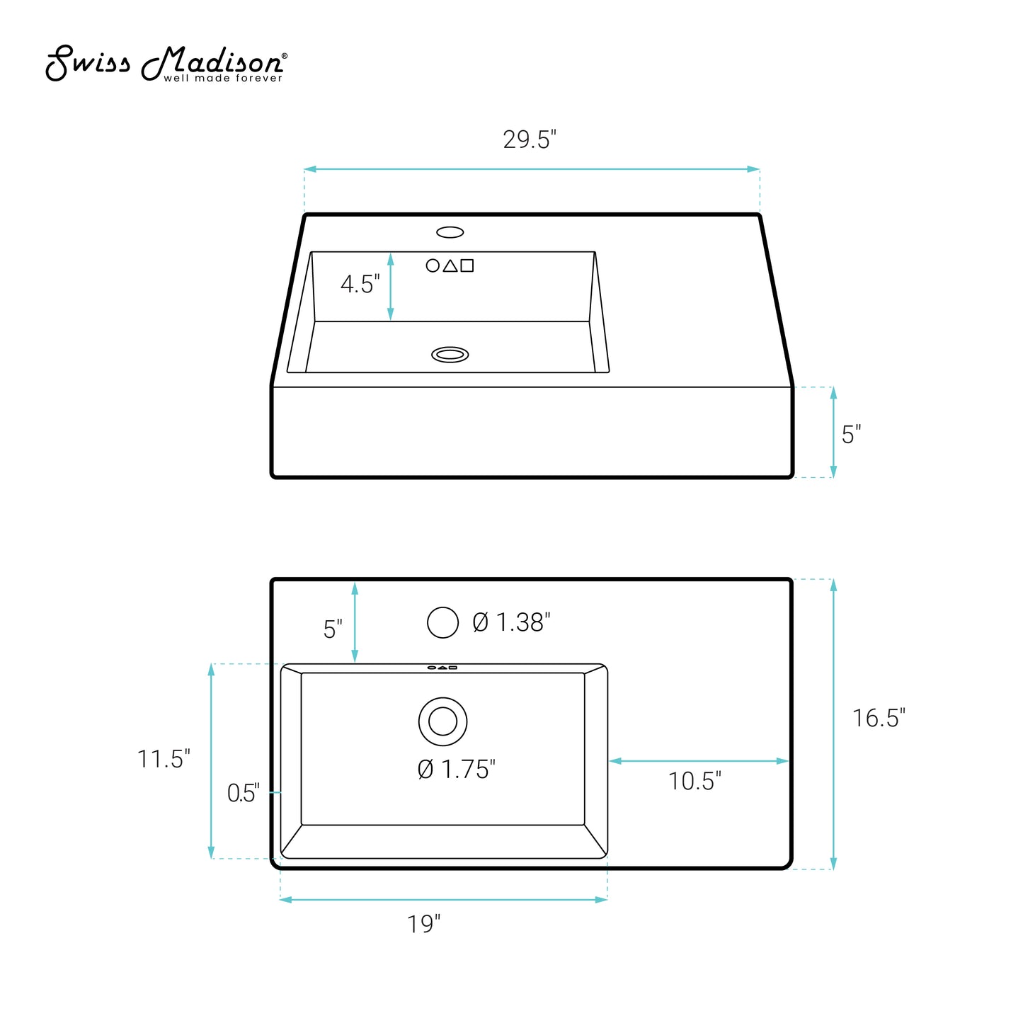 Swiss Madison, St. Tropez 30" Rectangle Wall-Mounted Sink with Left Side Faucet Mount