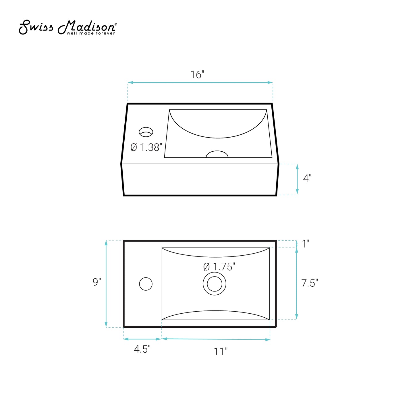 Swiss Madison, Lisse 16" Concrete Rectangle Wall-Mounted Sink with Left Side Faucet Mount in Matte White