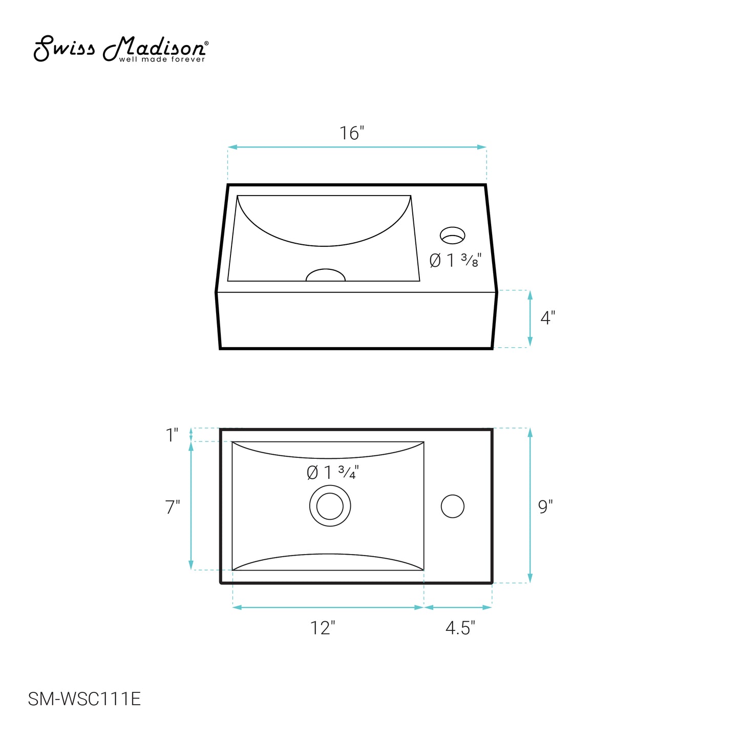 Swiss Madison, Lisse 16" Concrete Rectangle Wall-Mounted Sink with Right Side Faucet Mount in Matte Dark Gray