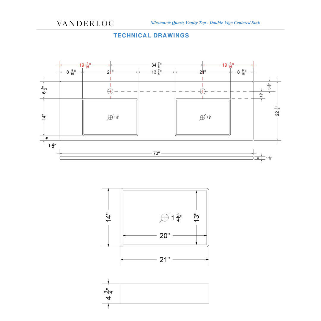 Vanderloc 73" Silestone® Quartz Vanity Top Double Vigo Centered Sink