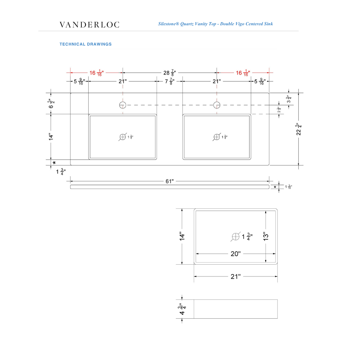 Vanderloc 61" Silestone® Quartz Vanity Top Double Vigo Centered Sink