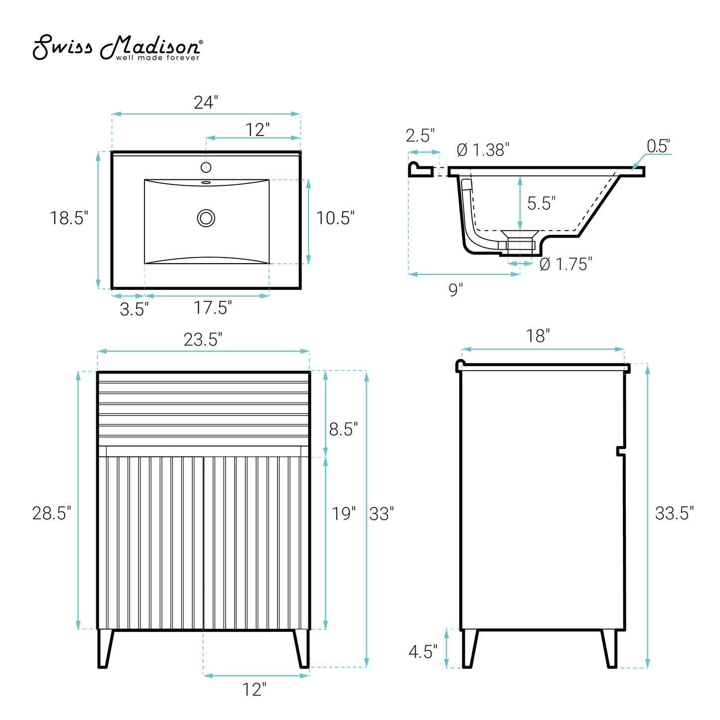 Swiss Madison, Bernay 24" Bathroom Vanity in Cedar Grey