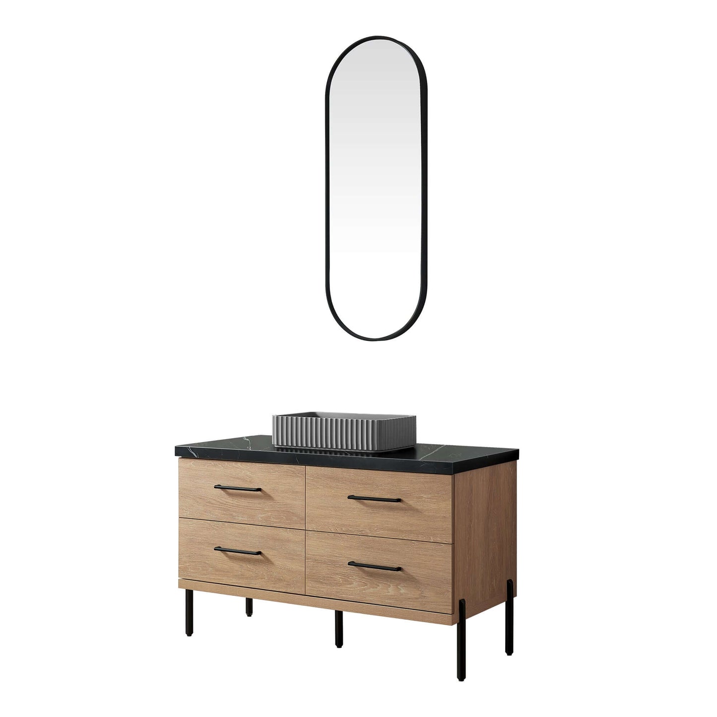Vinnova, Trento 48A" Single Sink Bath Vanity in North American Oak with Black Sintered Stone Top with Concrete Sink and Mirror.