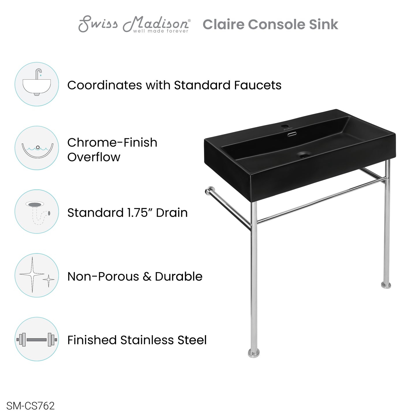 Swiss Madison, Claire 30 Ceramic Console Sink Matte Black Basin Chrome Legs