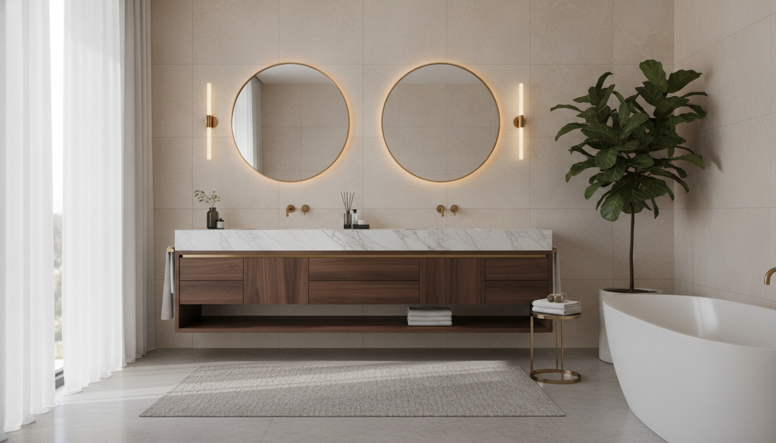 Crisp white floating vanity with undermount sink and soft-close drawers in a modern bathroom | Yala Vanity