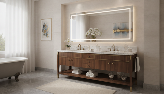Side-by-side Laviva and Swiss Madison bathroom vanities in a luxury guest bathroom | Yala Vanity