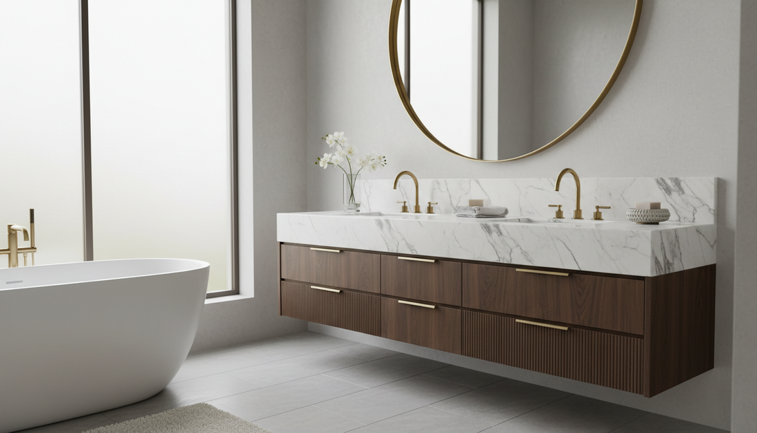 Freestanding designer bathroom vanity with quartz top and soft-close drawers in a modern neutral bathroom | Yala Vanity