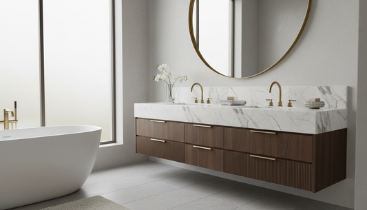 Freestanding designer bathroom vanity with quartz top and soft-close drawers in a modern neutral bathroom | Yala Vanity