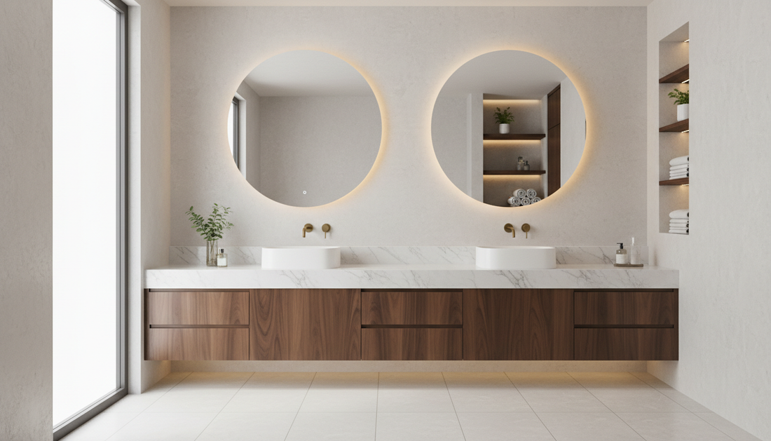 Wall-mounted white oak bathroom vanity with undermount sink and matte black hardware against white tile | Yala Vanity