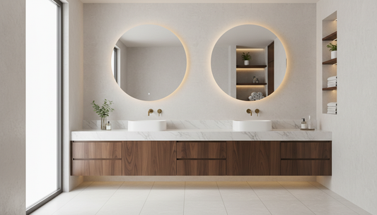 Wall-mounted white oak bathroom vanity with undermount sink and matte black hardware against white tile | Yala Vanity