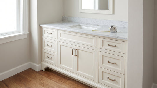 Custom width bathroom vanity fitted into a 53-inch alcove — Vanderloc 1-inch increment sizing | Yala Vanity