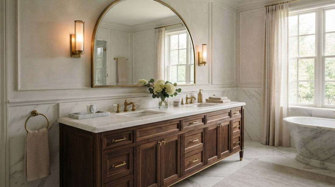 Freestanding luxury bathroom vanity with double sinks and marble countertop in a modern bathroom | Yala Vanity
