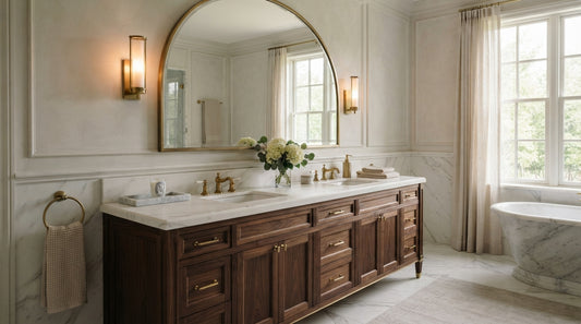 Freestanding luxury bathroom vanity with double sinks and marble countertop in a modern bathroom | Yala Vanity