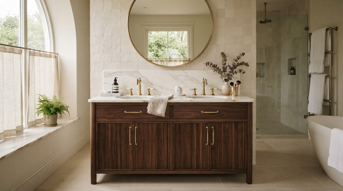 Vinnova bathroom vanity with soft-close drawers and undermount sink in a modern spa-style bathroom | Yala Vanity
