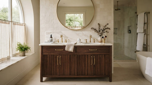 Vinnova bathroom vanity with soft-close drawers and undermount sink in a modern spa-style bathroom | Yala Vanity