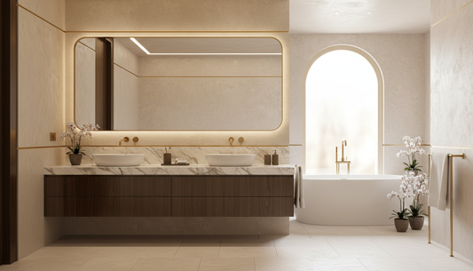 Wall-mounted 30-inch bathroom vanity with white basin and matte black hardware in a bright modern bathroom | Yala Vanity