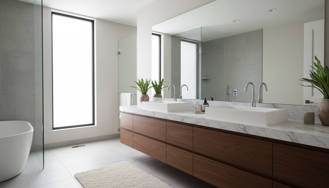 Custom Vanderloc floating vanity in a modern bathroom with white oak finish showing precise joinery | Yala Vanity