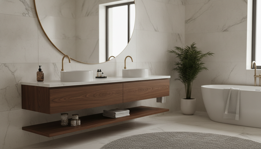 36 inch floating vanity with undermount sink and soft-close drawers in a modern white bathroom | Yala Vanity