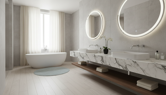 White wall-mounted bathroom vanity with open floor space and wood-grain drawer fronts in a modern bathroom | Yala Vanity