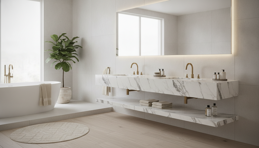 Wall-mounted floating vanity with drawers in a modern bathroom with warm wood finish | Yala Vanity