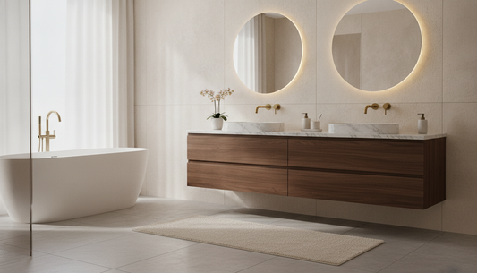 Modern floating bathroom vanity with double sinks and open shelving in a bright white bathroom | Yala Vanity