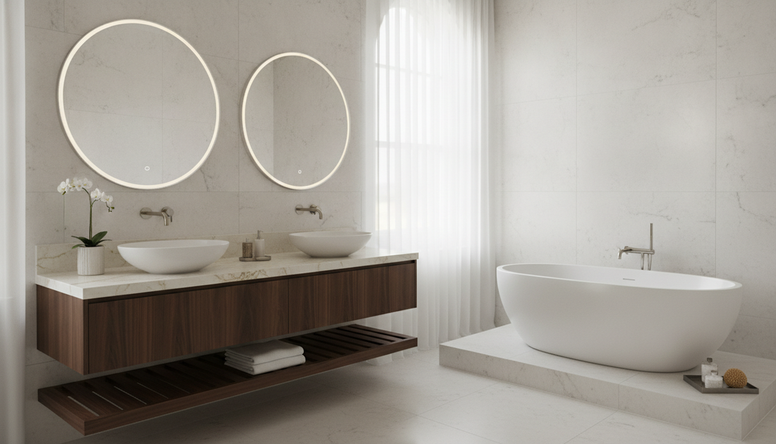 Matte black floating vanity with undermount sink and open grain wood drawer fronts in a modern bathroom | Yala Vanity