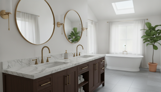 Laviva luxury bathroom vanity with stone countertop and soft-close drawers in a bright guest bathroom | Yala Vanity