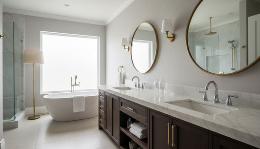 Freestanding double sink bathroom vanity with two undermount basins and soft-close drawers in a modern bathroom | Yala Vanity