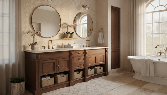 Water Creation luxury bathroom vanity with marble-look top and warm wood finish in a holiday guest bath | Yala Vanity