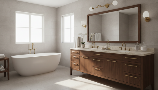 Vanderloc sage green vanity with soft-close drawers and undermount sink in a bright guest bathroom | Yala Vanity