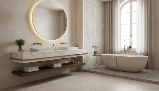 Wall-mounted floating sink vanity with undermount basin and soft-close drawers in a modern white bathroom | Yala Vanity