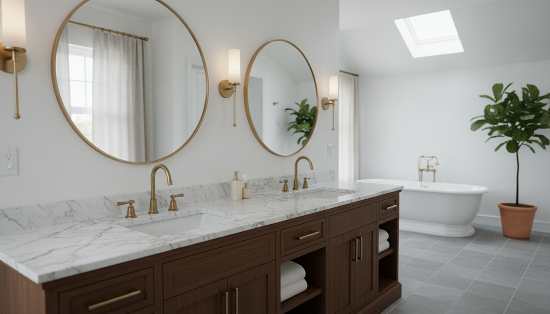 Freestanding boutique bathroom vanity in warm walnut finish with undermount sink and soft-close drawers | Yala Vanity